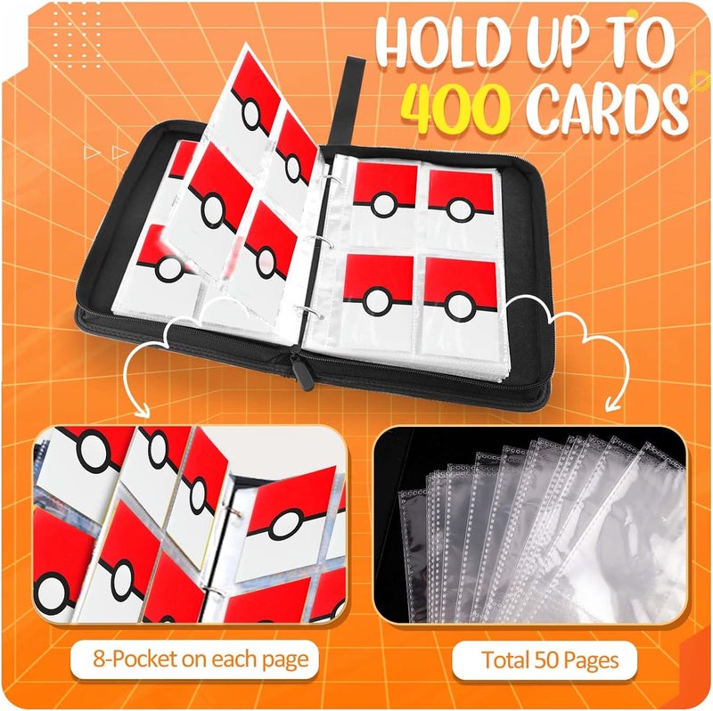 Easyfun Card Binder 4 Pocket, Trading Card Holder Fits 400 Cards With 50 Removable Sleeves, Portable Collection Card Ablum, Game Card Case book With Zipper for Gift, Red - Image 4